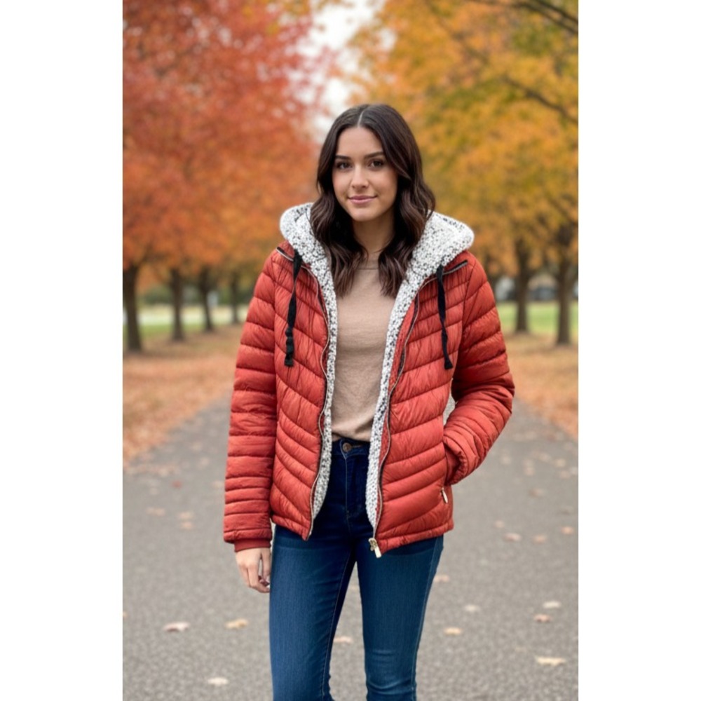 Snobbish Margot Puffer Jacket Womens L Brick Full Zip Hooded Thermal Insulation‎